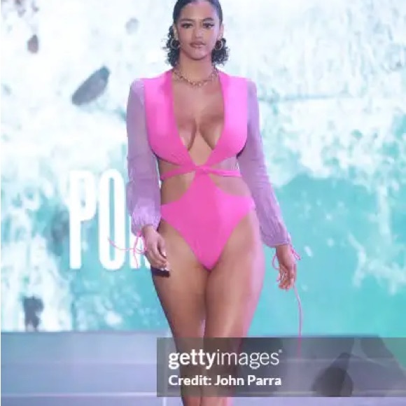 PORSHIA brand pink and purple Monokini with mesh sleeves and cutouts. NWT. - Picture 4 of 17